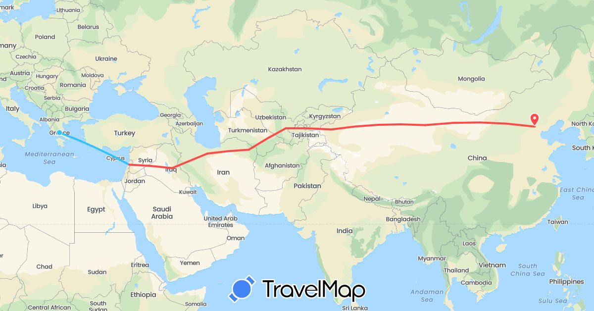 TravelMap itinerary: driving, hiking, boat in China, Greece, Iraq, Iran, Lebanon, Uzbekistan (Asia, Europe)